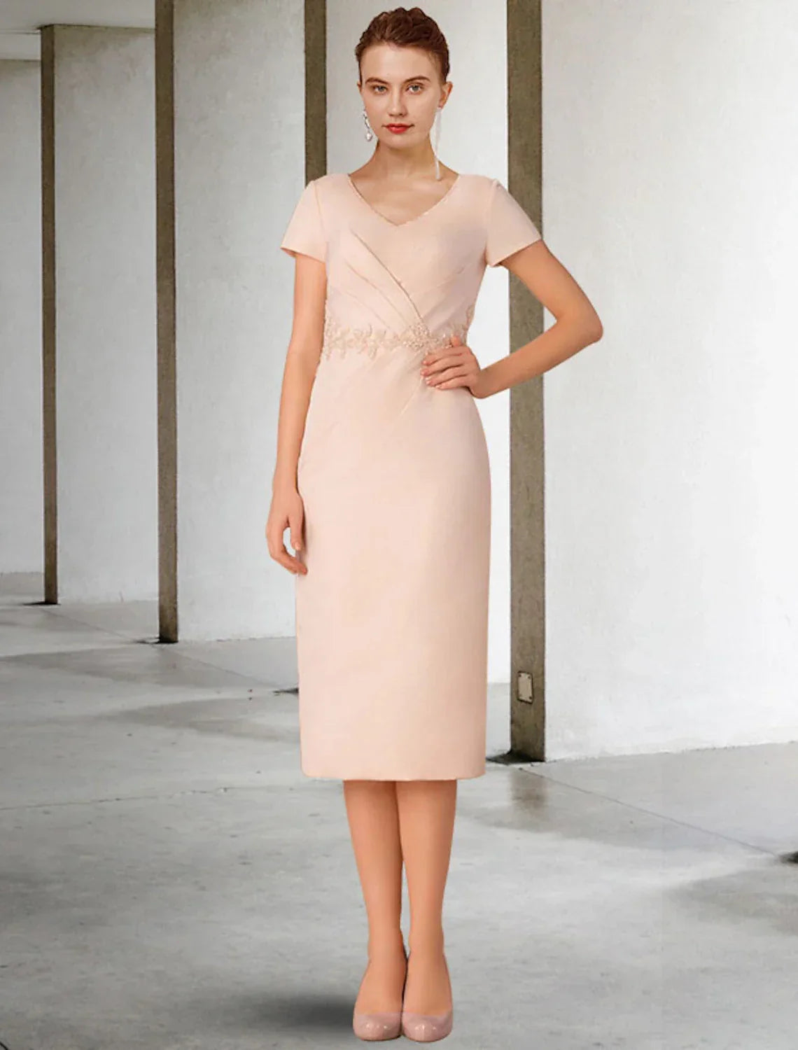 Two Piece Sheath / Column Mother of the Bride Dress Church Elegant Winter With Jacket Short Sleeve V Neck Knee Length Appliques Side-Draped