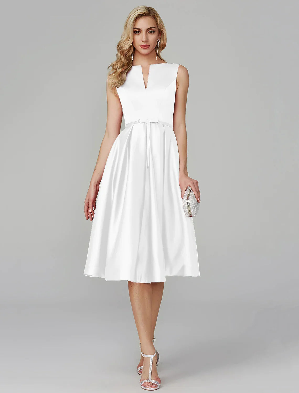 Wedding Knee Length Sleeveless V with Sash Ribbon