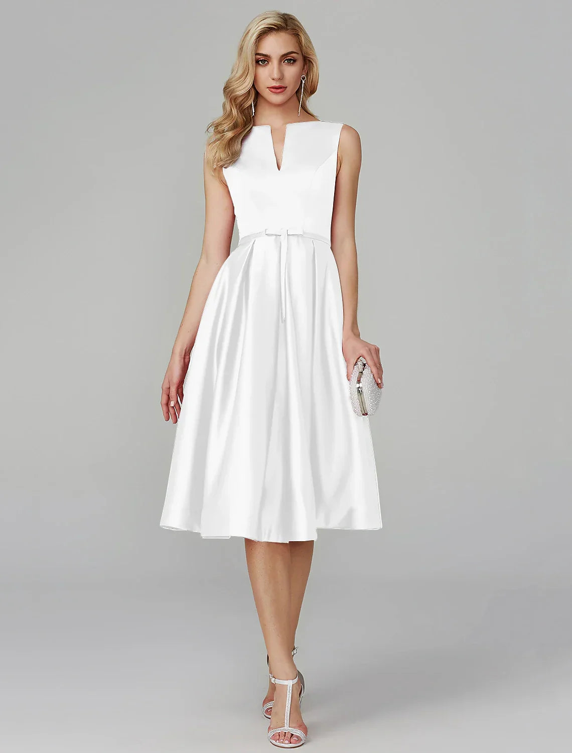 Pink Wedding Guest Knee Length Sleeveless V Wire Dress with Sash / Ribbon