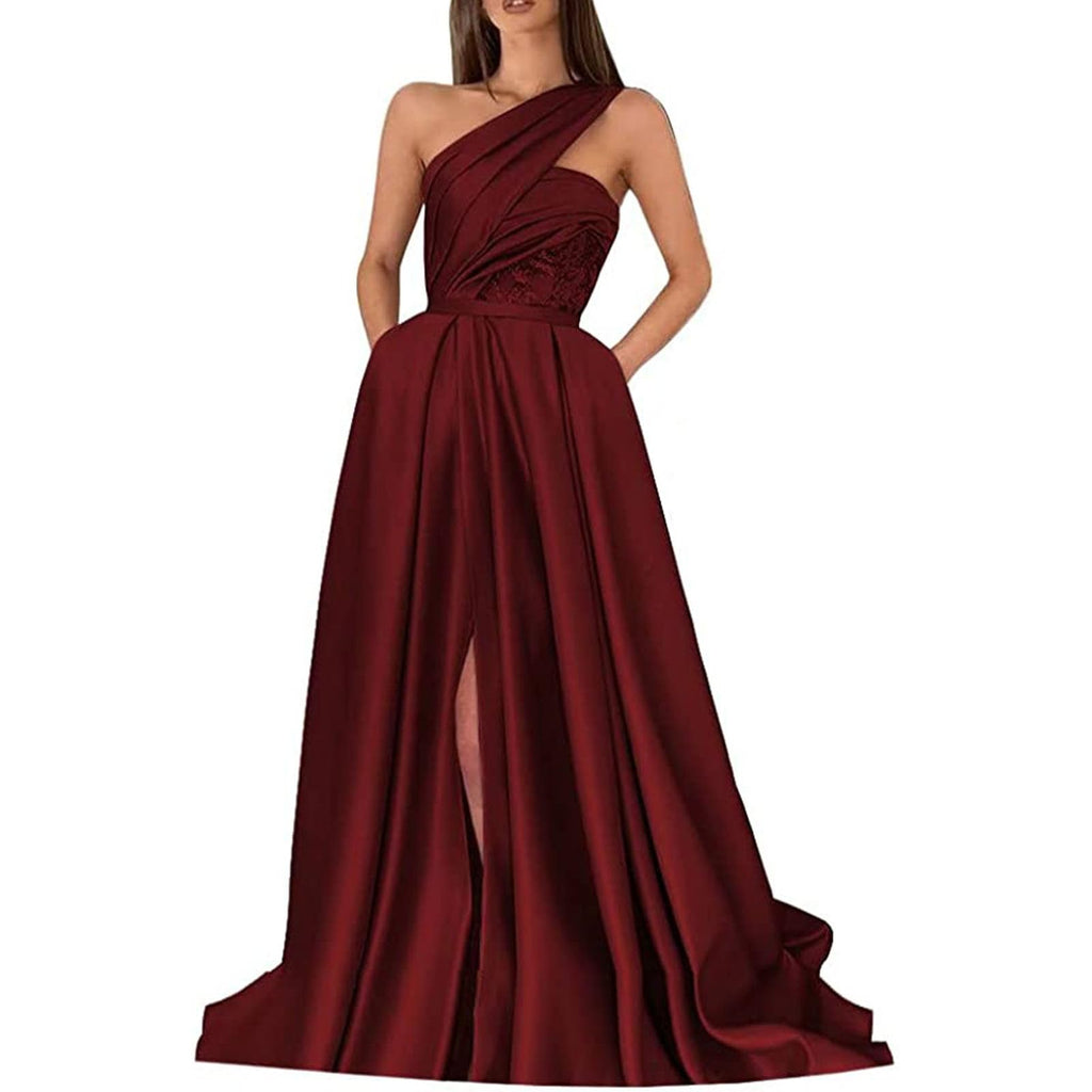 Evening Gown Celebrity Style Dress Formal Floor Length Sleeveless One Shoulder with Ruched Slit