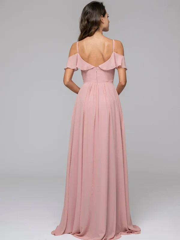 Cold Shoulder Open Back Ruffles Long Bridesmaid Dresses