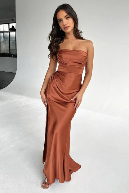 Graceful Stylish Refined Elegant Black Satin Mermaid Strapless Sleeveless Floor-Length Prom Dress