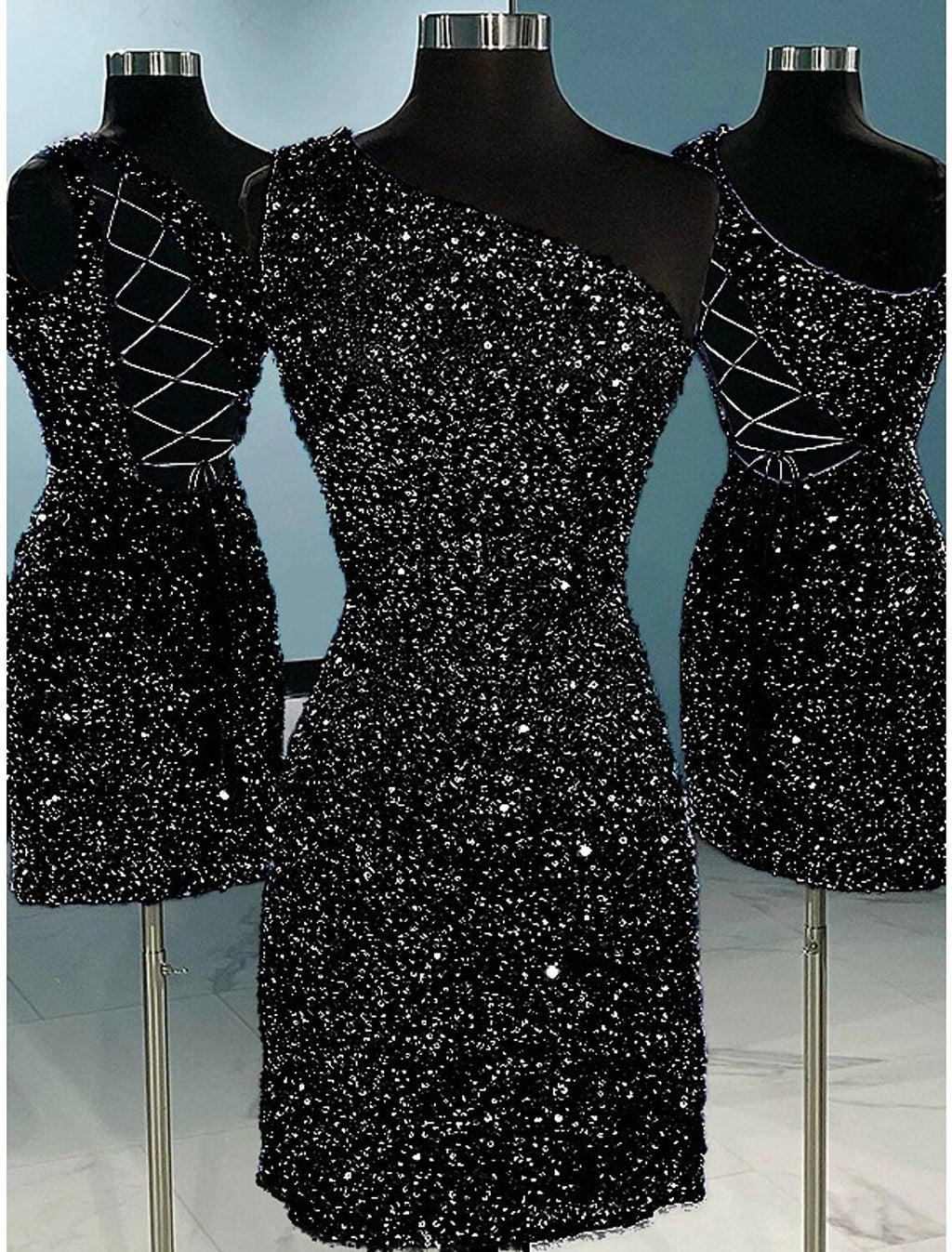 Short / Mini One Shoulder Sheath / Column Homecoming Dresses Sparkle & Shine Dress Holiday Sleeveless with Glitter Strappy