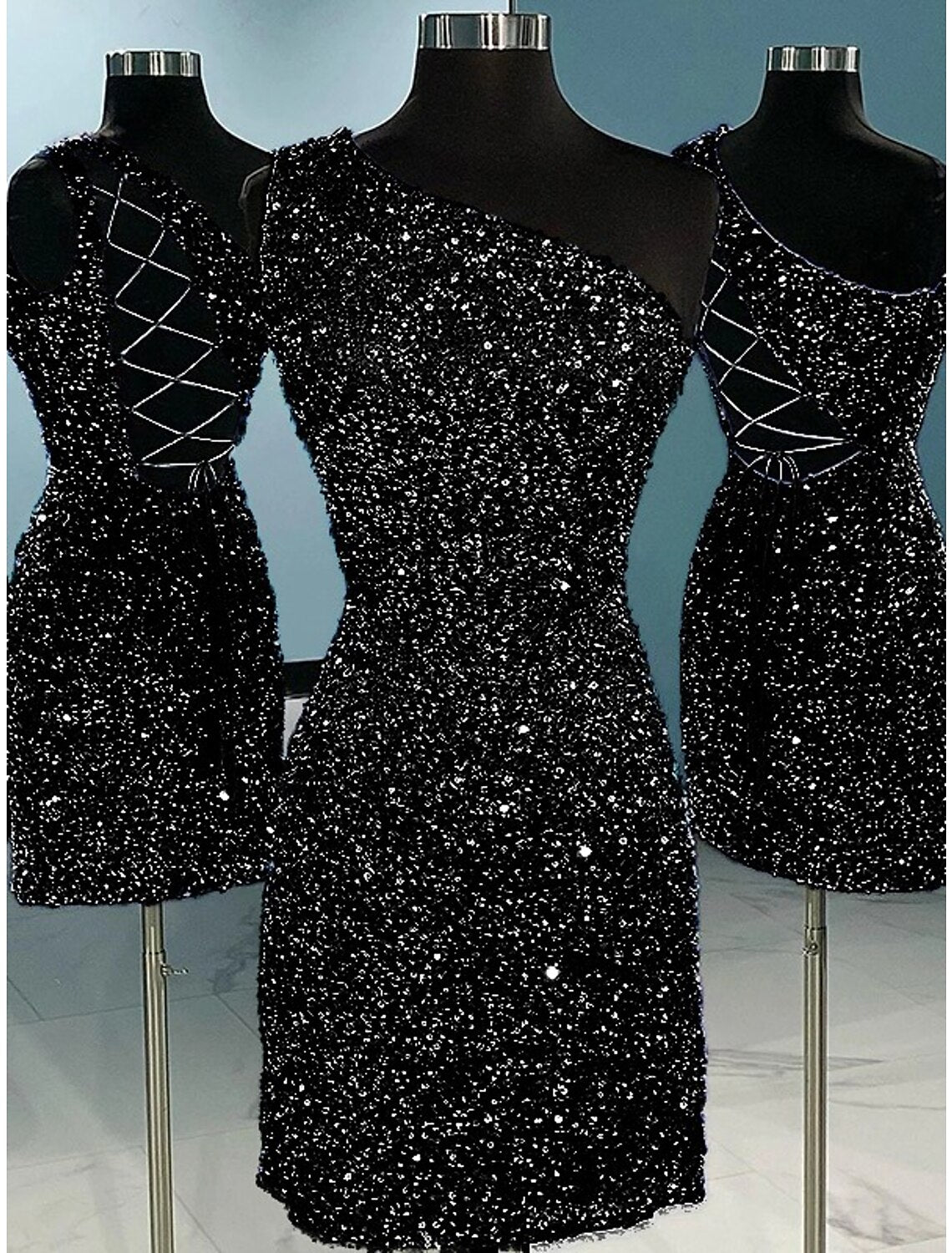 Short / Mini One Shoulder Sheath / Column Homecoming Dresses Sparkle & Shine Dress Holiday Sleeveless with Glitter Strappy