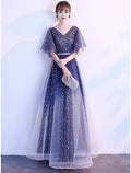 Ombre Prom Birthday Dress V Neck Short Sleeve Floor Length with Sash / Ribbon Crystals