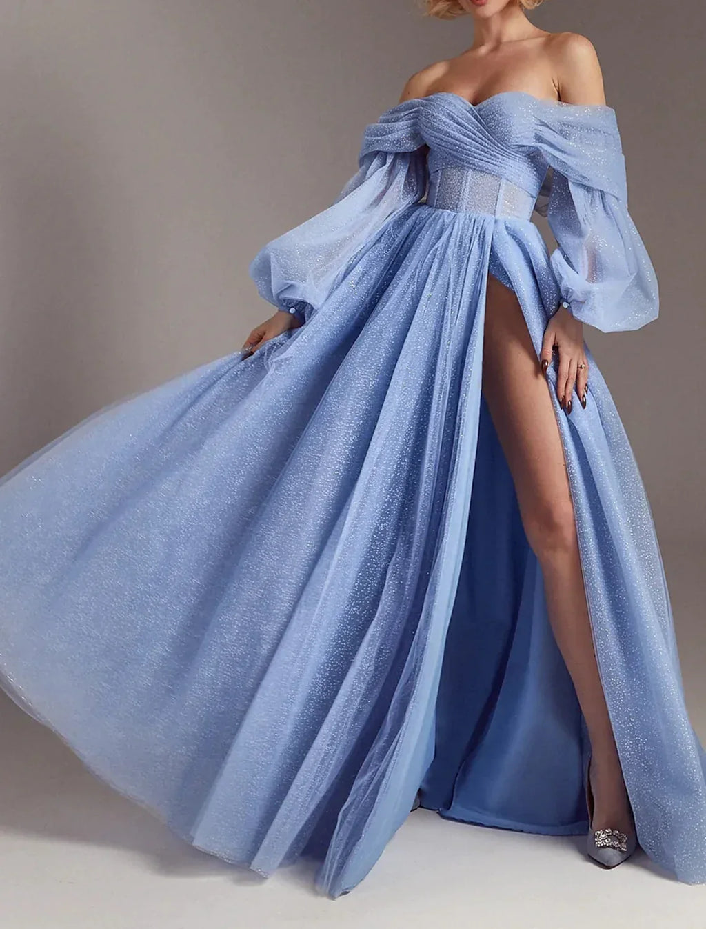 Corsets Dress Formal Floor Length Long Sleeve Off Shoulder Glitter Ruched Slit