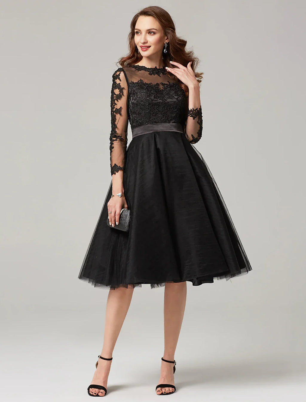 Wedding Guest Knee Length 3/4 Length Sleeve Illusion Neck Over with Appliques