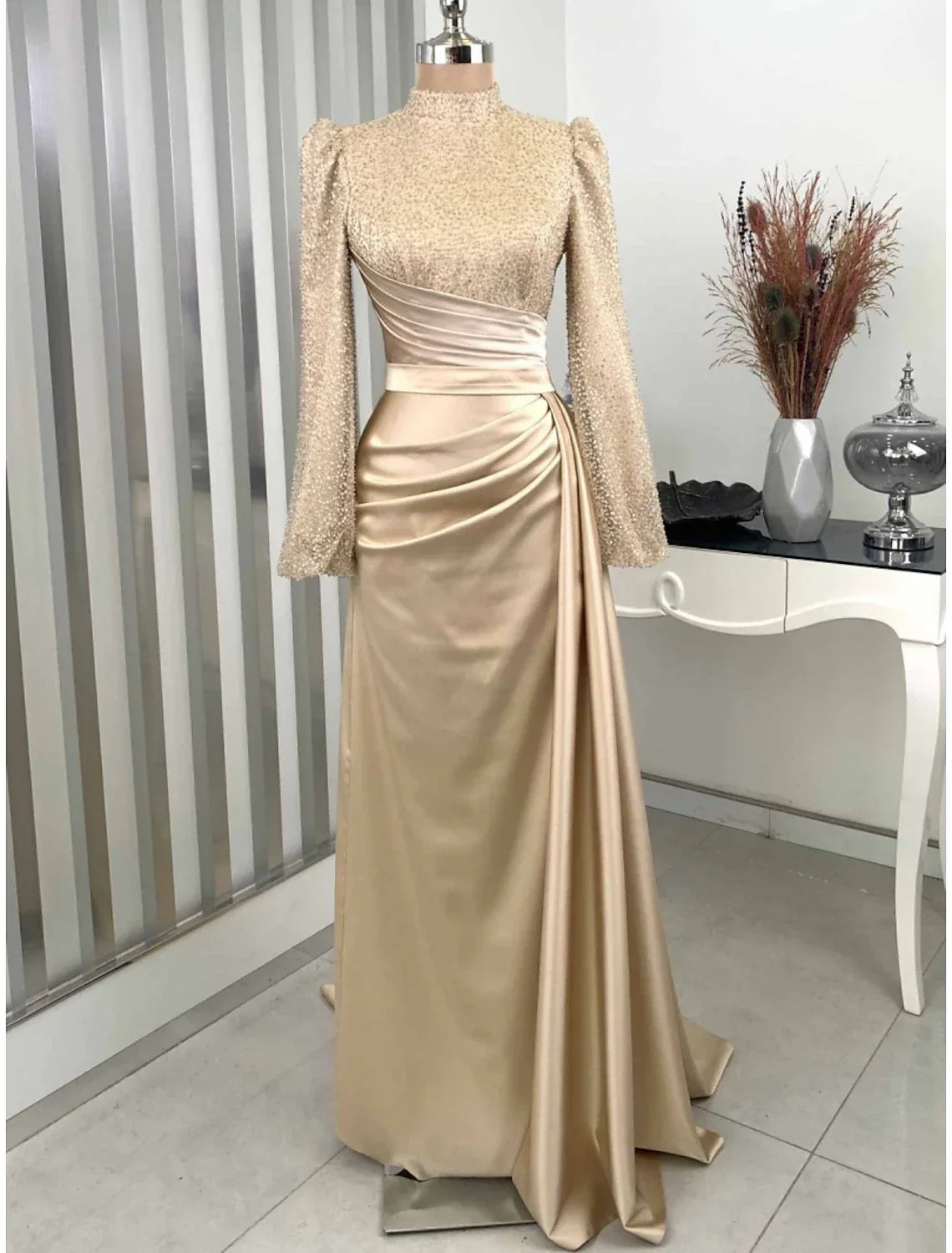 Evening Gown Champagne Christmas Elegant Dress Formal Sweep / Brush Train Long Sleeve High Neck with Glitter Pleats Ruched