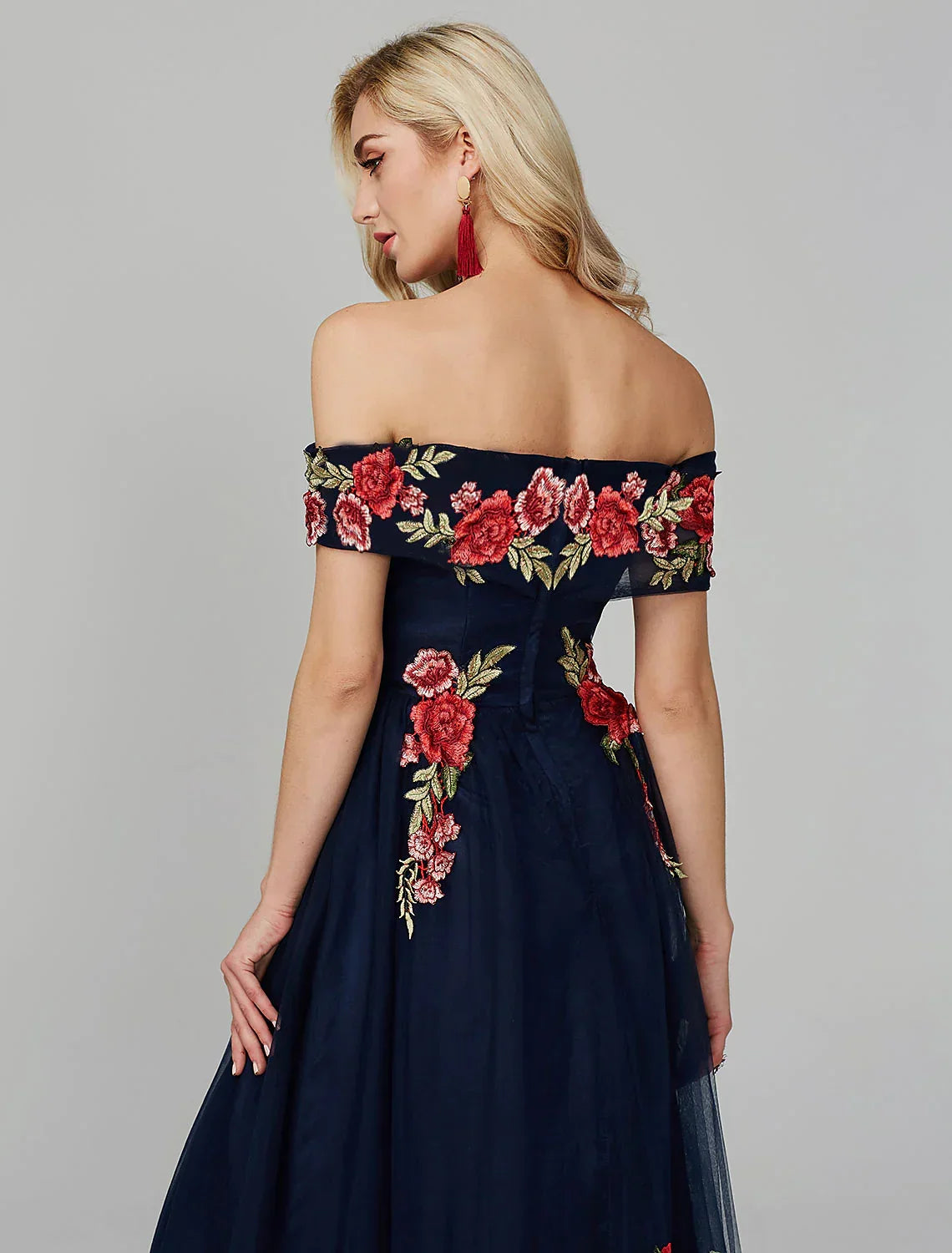 Wedding Guest Floor Length Sleeveless Off Shoulder Over with Embroidery Appliques