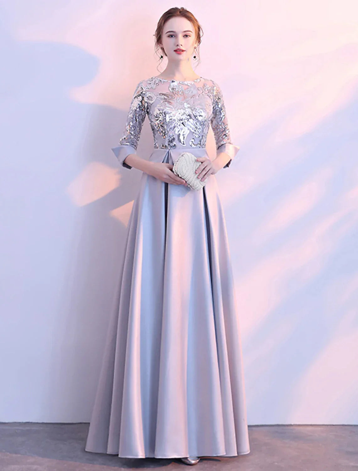 Glittering Elegant Prom Formal Evening Dress Jewel Neck 3/4 Length Sleeve Floor Length