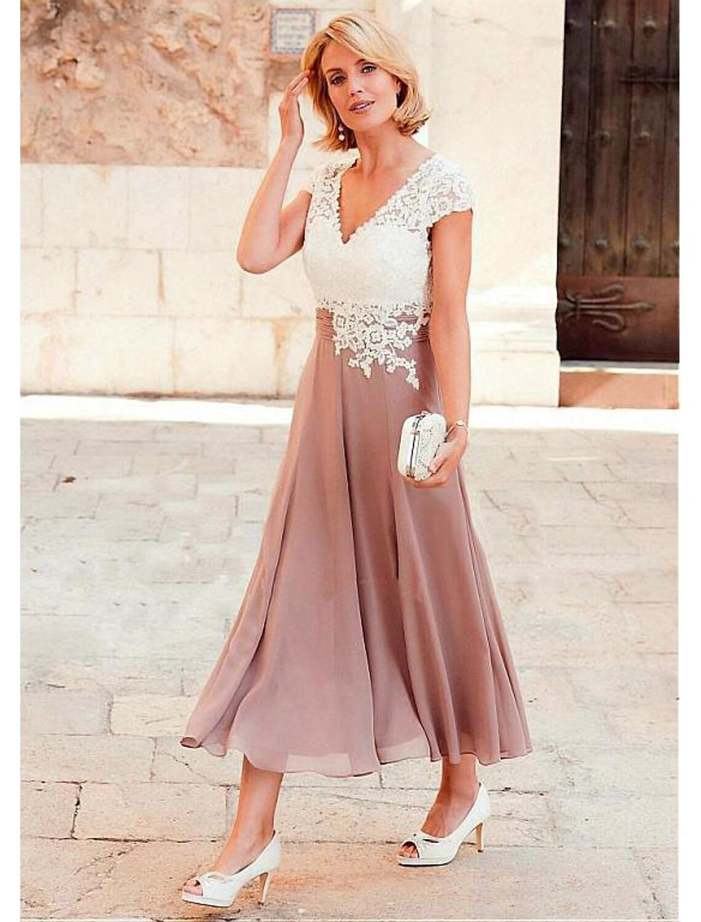 Mother of the Bride Dress Plus Size V Neck Tea Length Short Sleeve with Ruching