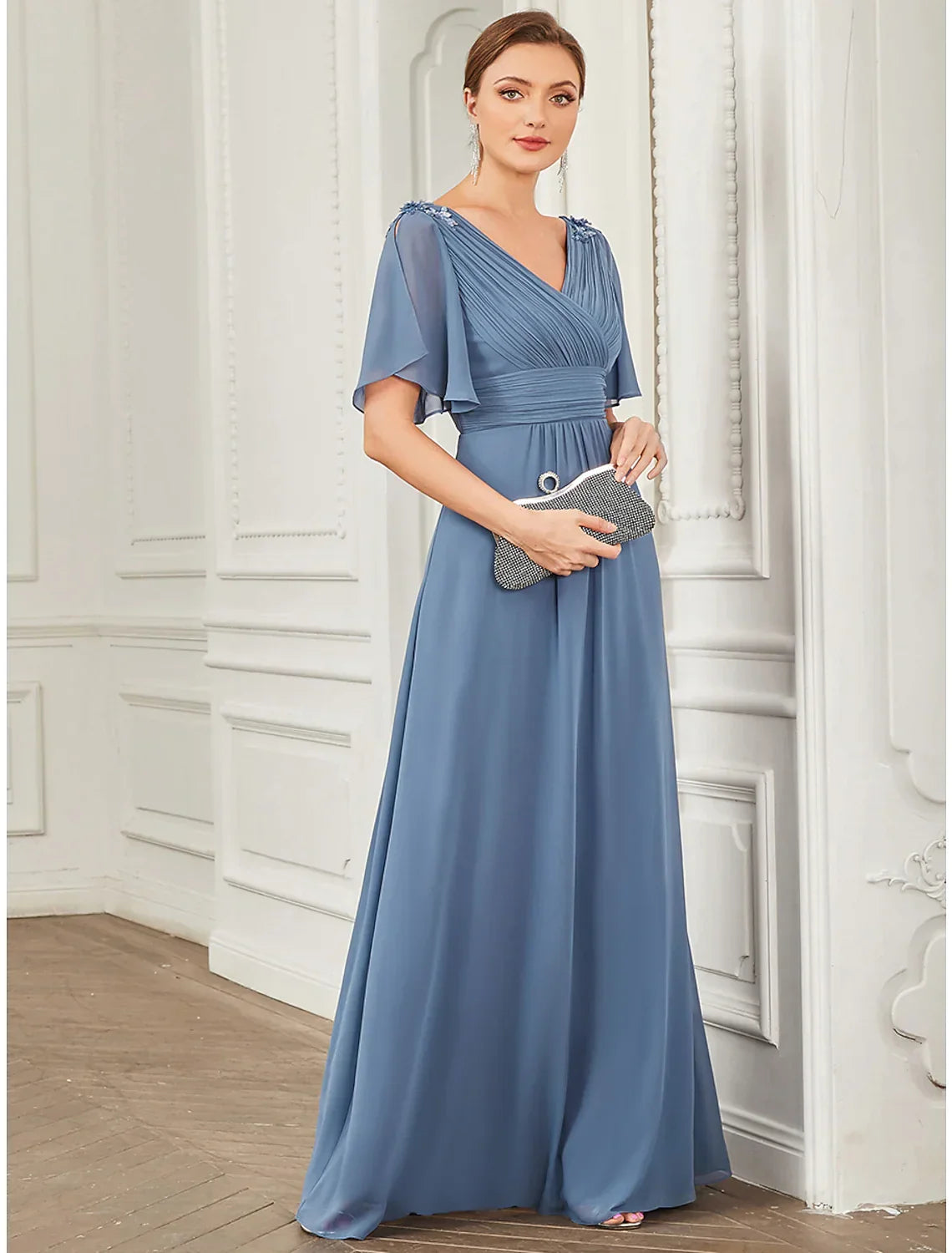 Wedding Guest Floor Length Short Sleeve V Neck with Ruched Appliques