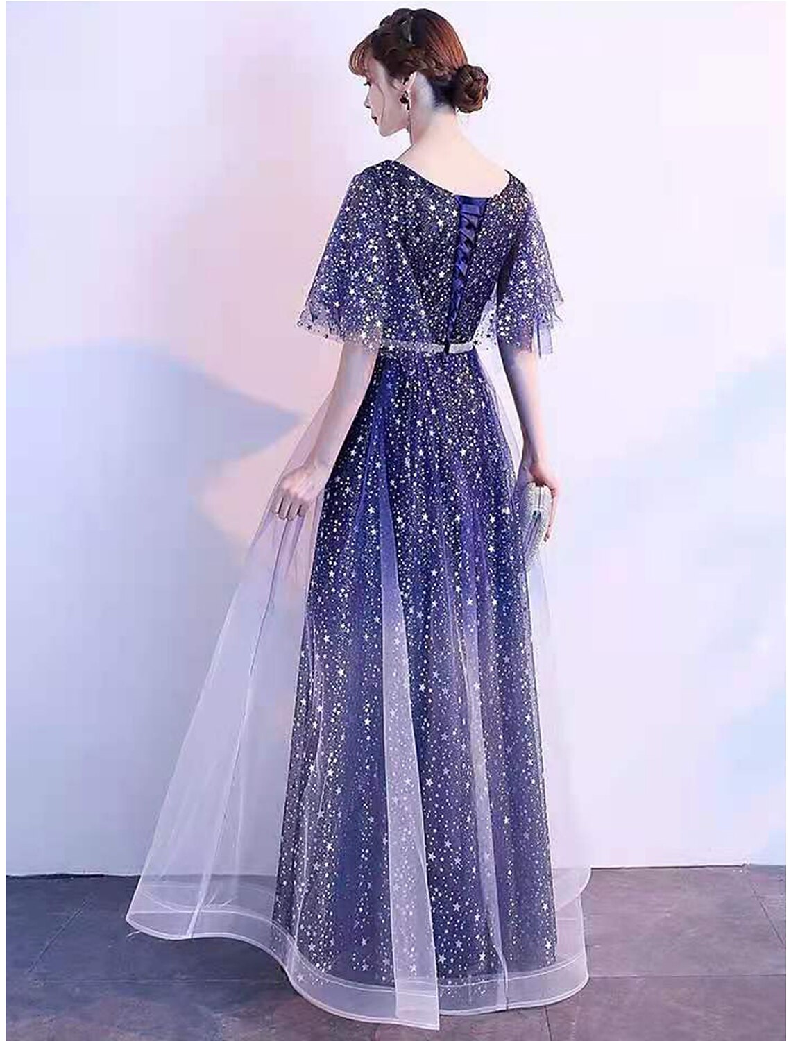 Ombre Prom Birthday Dress V Neck Short Sleeve Floor Length with Sash / Ribbon Crystals