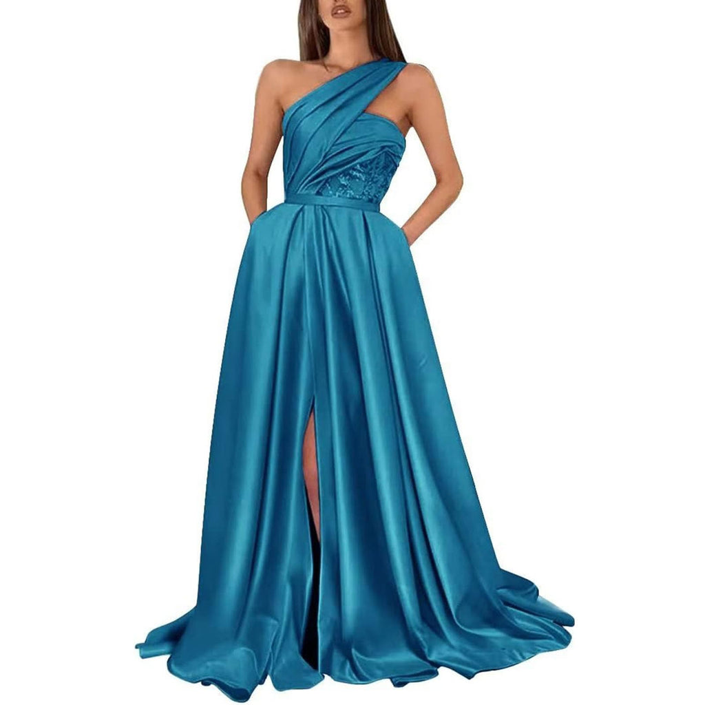 Evening Gown Celebrity Style Dress Formal Floor Length Sleeveless One Shoulder with Ruched Slit