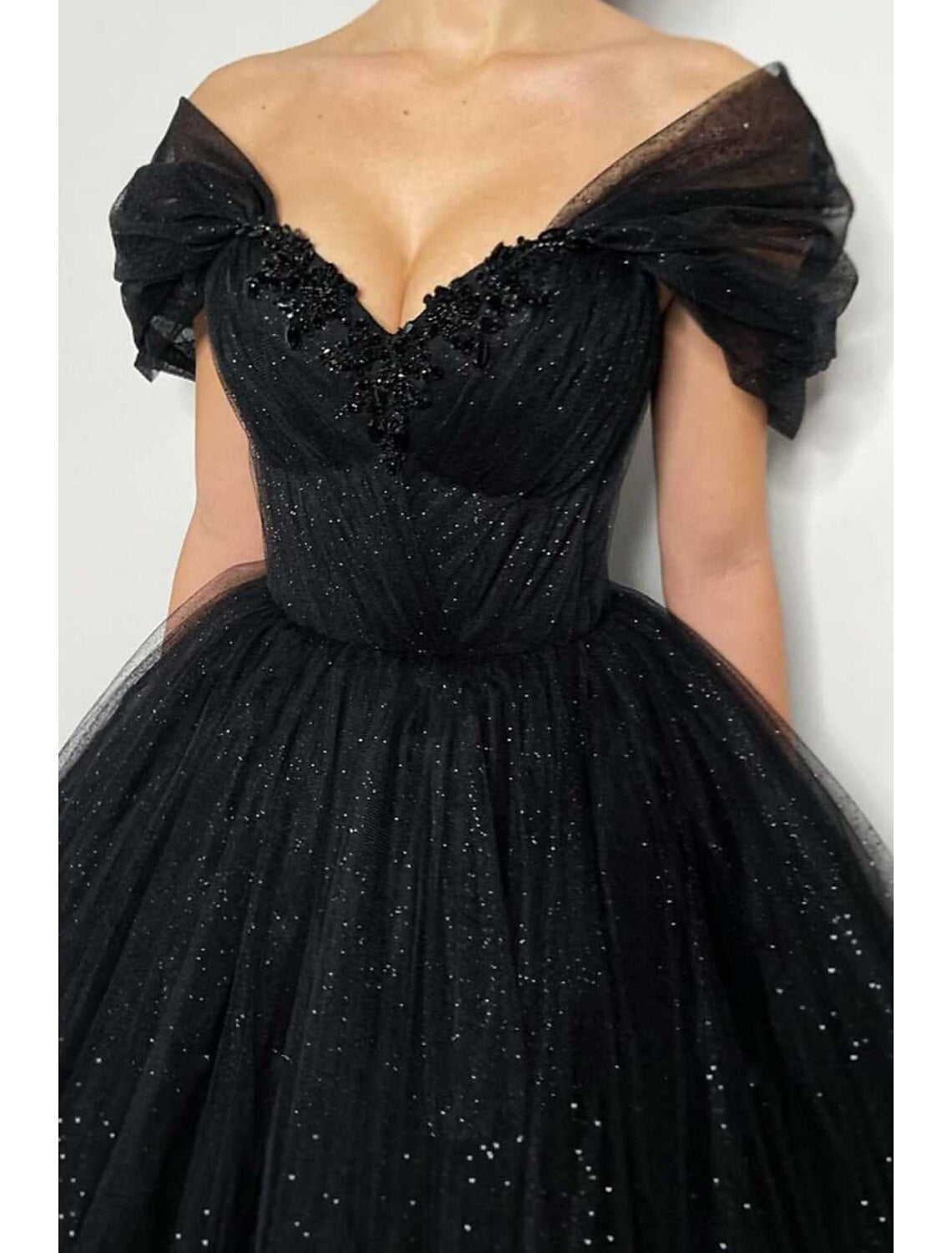 Black Formal Floor Length Dress Short Sleeve Off Shoulder with Pleats Beading