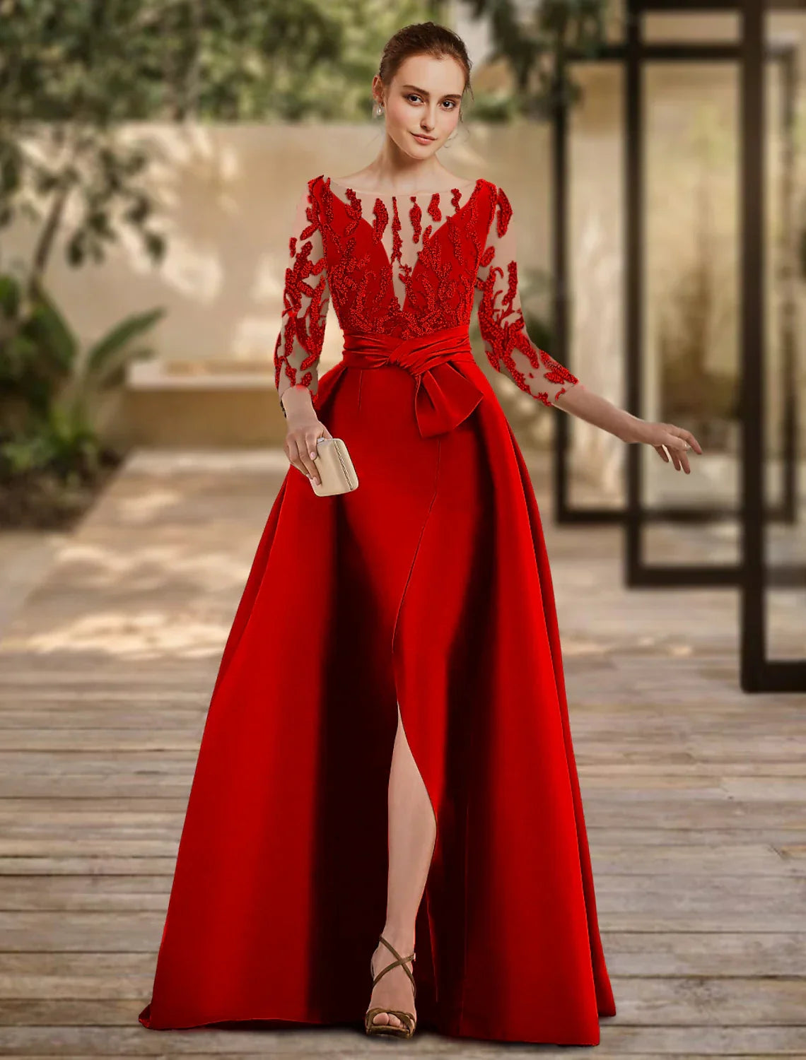 Evening Gown Open Back Dress Formal Wedding Guest Floor Length 3/4 Length Sleeve Scoop Neck with Slit Strappy