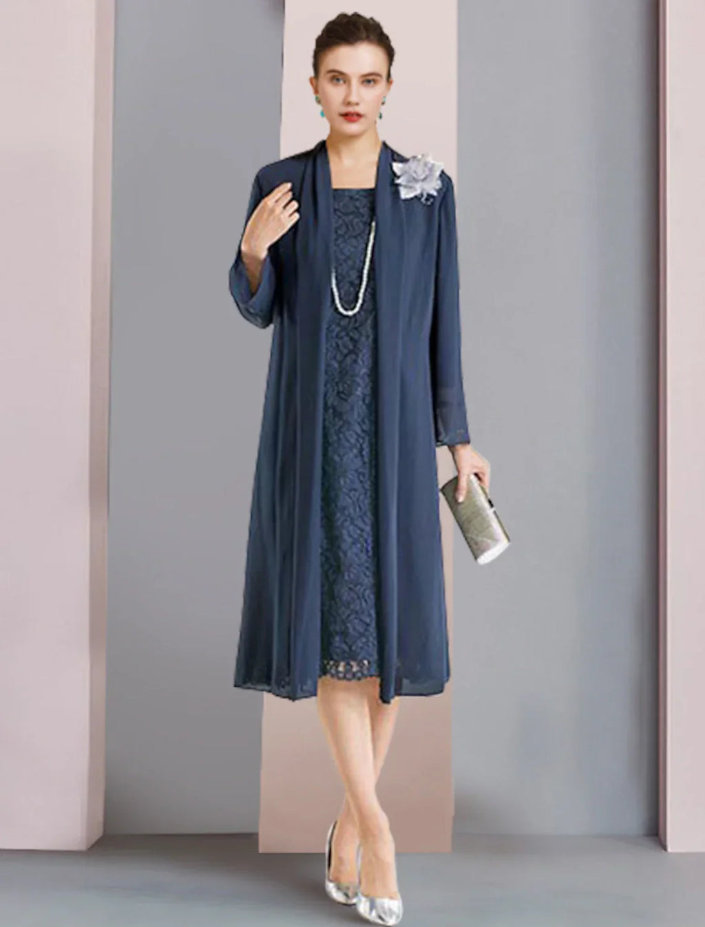 Two Piece Sheath / Column Mother of the Bride Dress Formal Wedding Guest Elegant Scoop Neck Tea Length 3/4 Length Sleeve Jacket Dresses with Flower