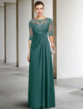 Sheath / Column Mother of the Bride Dress Fall Wedding Guest Dresses Plus Size Elegant Jewel Neck Floor Length Short Sleeve with Appliques Side-Draped