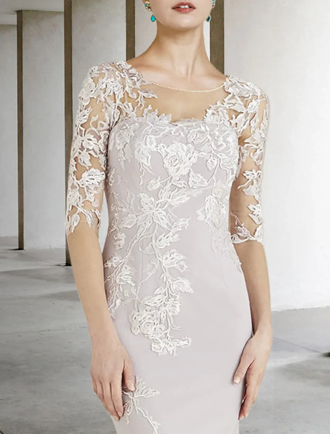 Mother of the Bride Dress Elegant Floor Length Half Sleeve with Appliques