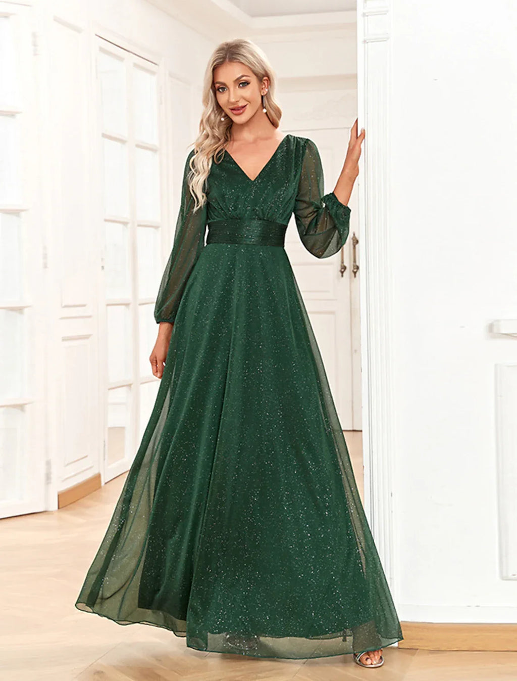 Evening Gown Sparkle & Shine Dress Formal Wedding Party Dress Floor Length Long Sleeve V Neck