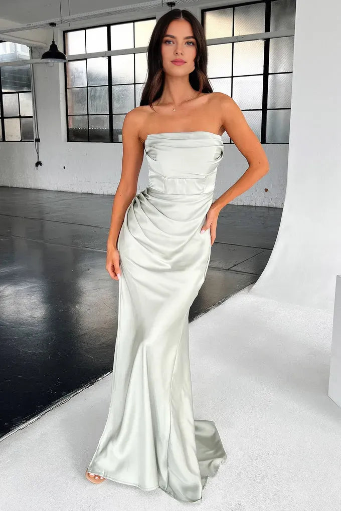Graceful Stylish Refined Elegant Black Satin Mermaid Strapless Sleeveless Floor-Length Prom Dress