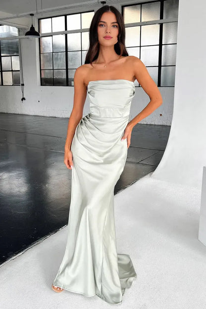 Graceful Stylish Refined Elegant Black Satin Mermaid Strapless Sleeveless Floor-Length Prom Dress