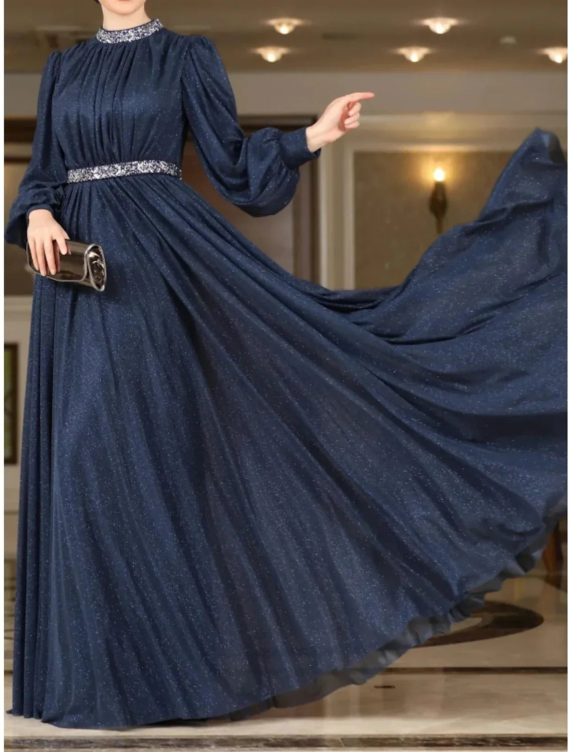 Evening Gown Elegant Dress Formal Floor Length Long Sleeve Jewel Neck Lurex Fabric with Rhinestone Pleats