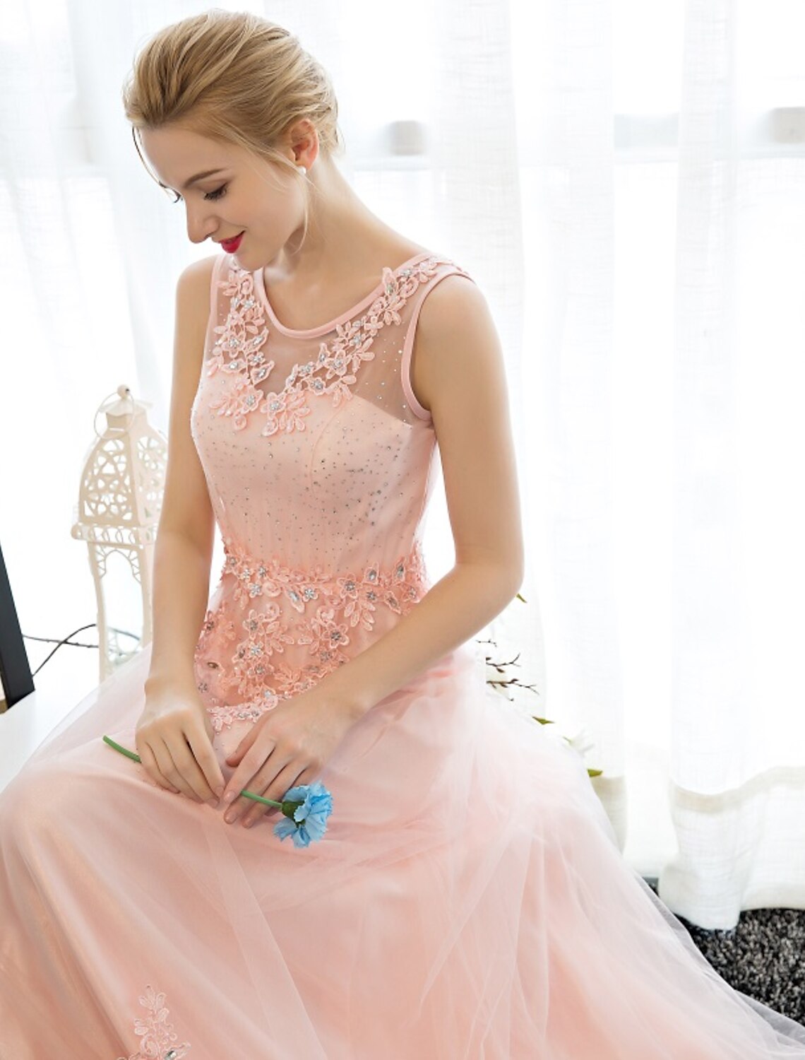Sheath / Column Dress Wedding Guest Floor Length Sleeveless Illusion Neck with Crystals Appliques