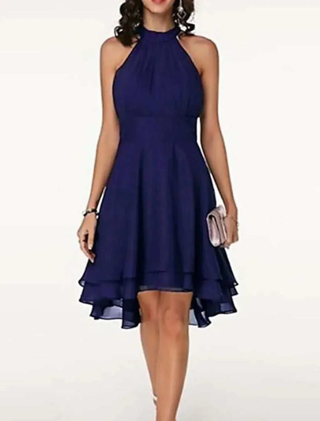 High Waisted Cocktail Party Dress Halter Neck V Back Engagement Semi-formal Dance Sleeveless Knee Length with Sleek Tier