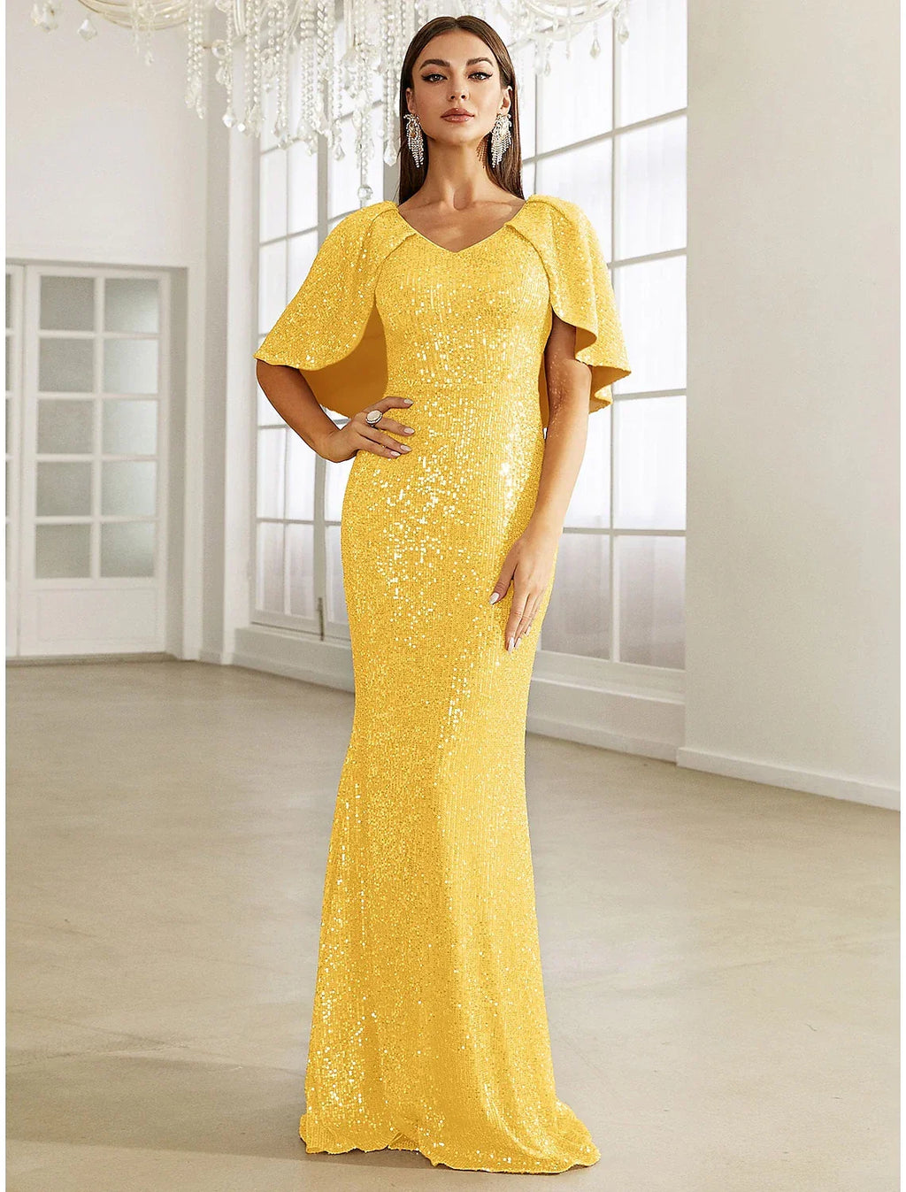 Mermaid / Trumpet Evening Gown Sparkle & Shine Dress Formal Fall Sweep / Brush Train Half Sleeve V Neck with Glitter