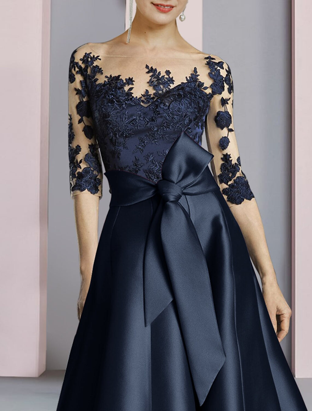 Sheath / Column Mother of the Bride Dress Fall Wedding Guest Party Elegant Scoop Neck Ankle Length Half Sleeve with Bow(s) Pleats