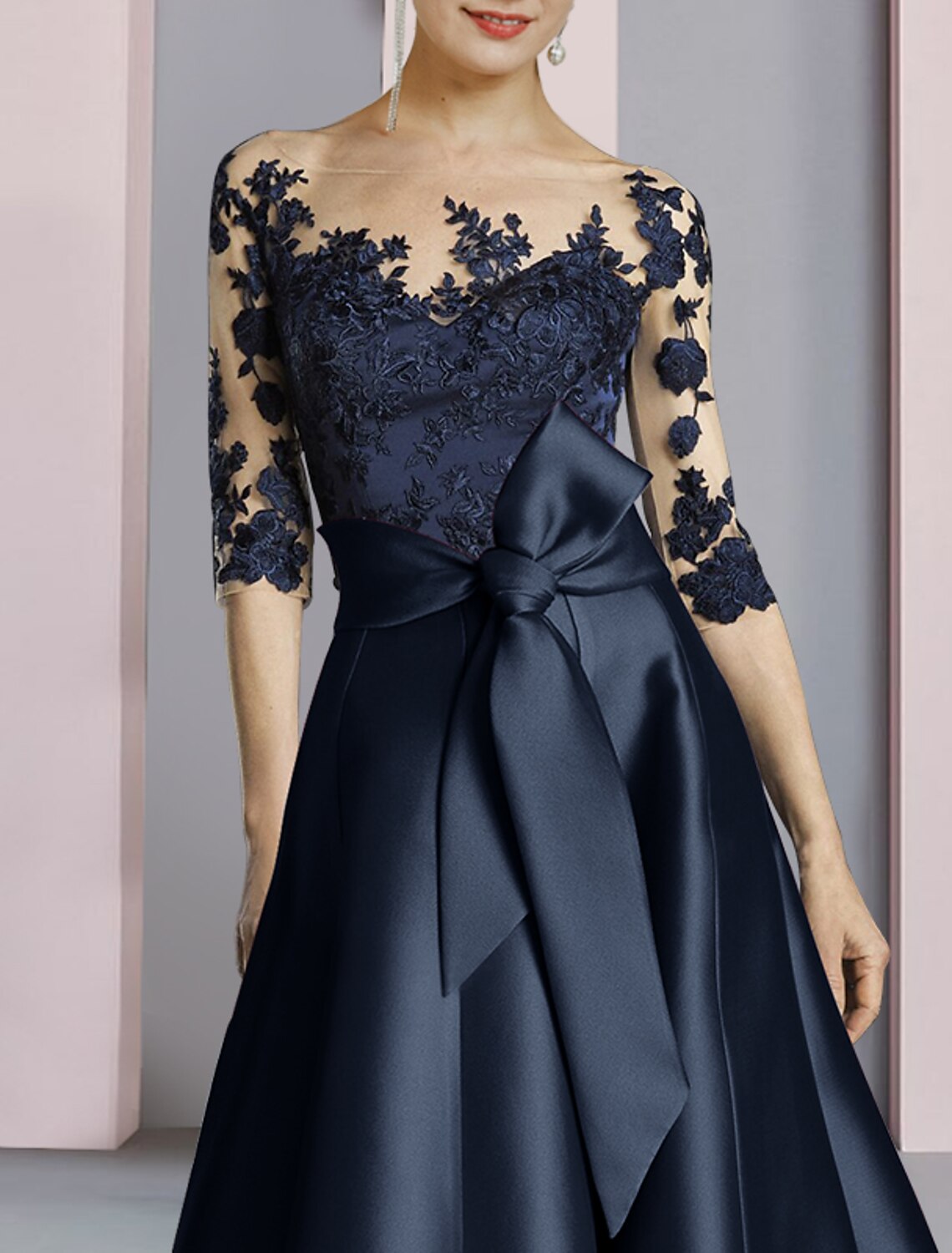 Sheath / Column Mother of the Bride Dress Fall Wedding Guest Party Elegant Scoop Neck Ankle Length Half Sleeve with Bow(s) Pleats