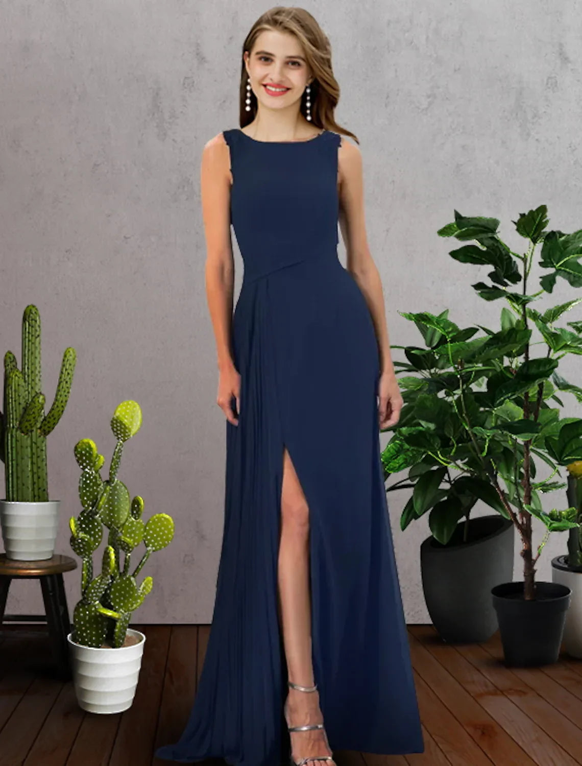 Bridesmaid Dress Sleeveless Elegant Floor Length with Pleats Split Front