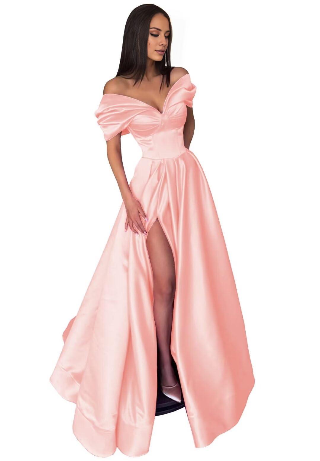 Black Evening Gown High Split Dress Dress Formal Carival Floor Length Short Sleeve Off Shoulder with Pleats Slit