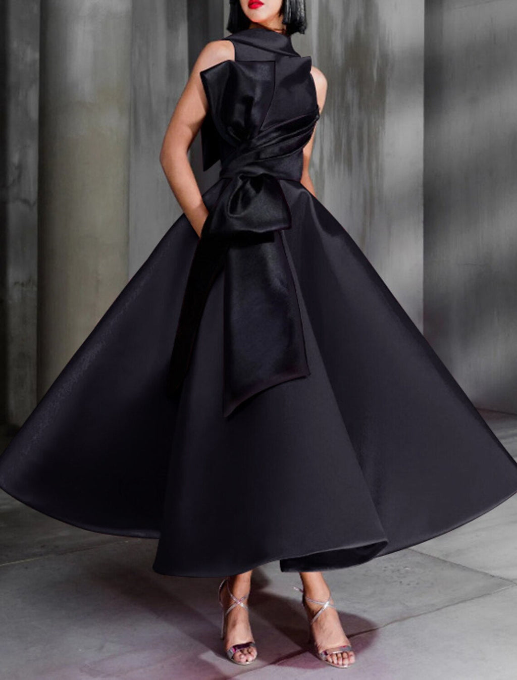 Ball Gown Color Block Celebrity Style Elegant Prom Formal Evening Birthday Dress High Neck Sleeveless Ankle Length with Bow(s)