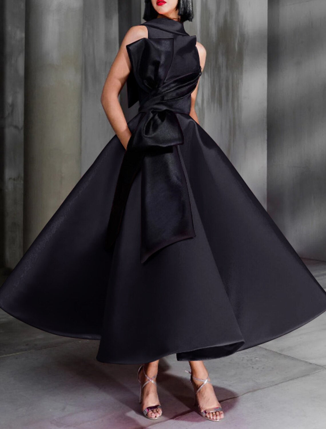 Ball Gown Color Block Celebrity Style Elegant Prom Formal Evening Birthday Dress High Neck Sleeveless Ankle Length with Bow(s)