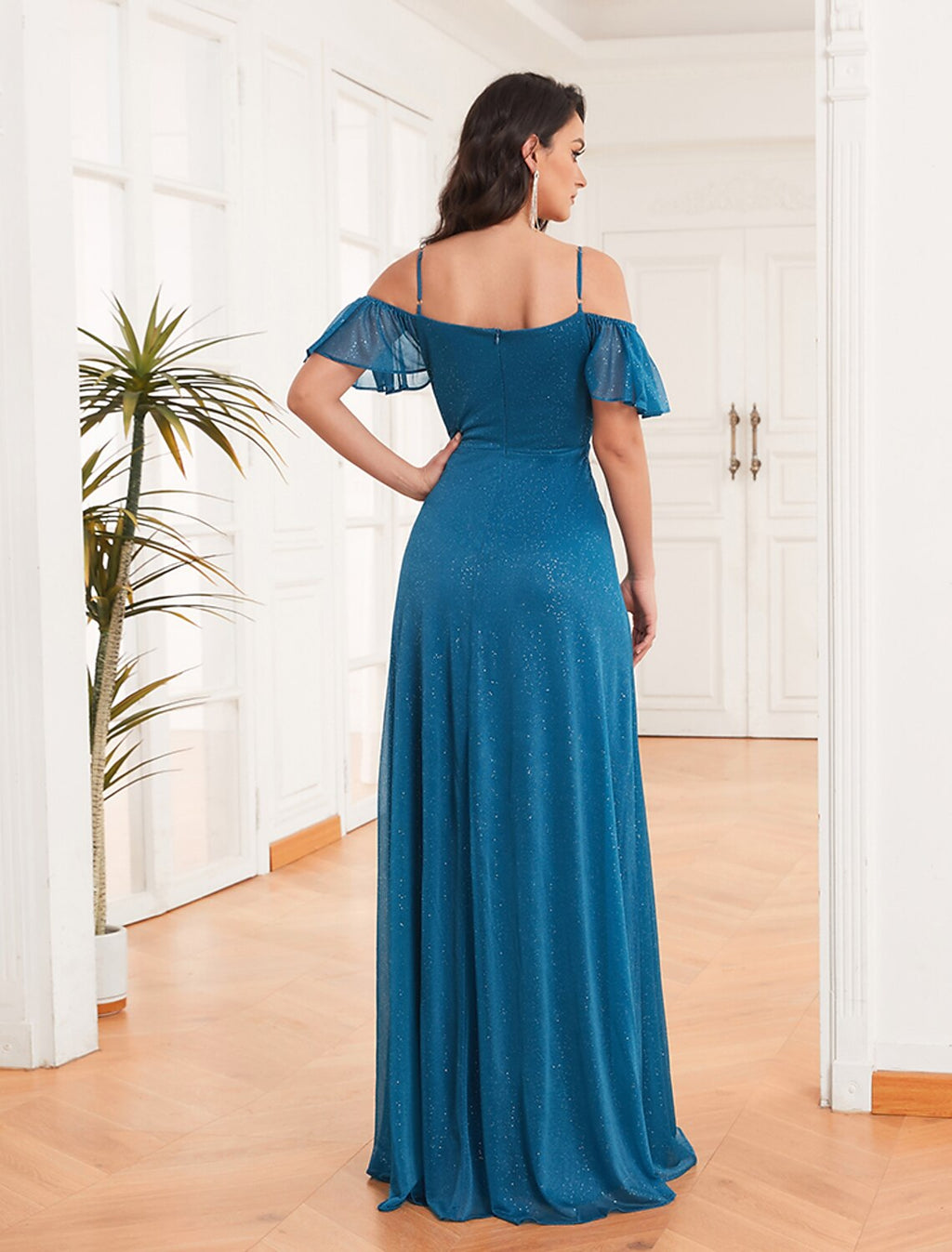 Off Shoulder A-Line Side Split Sparkle Bridesmaid Dress Adjustable Strap Ruffle Plus Size Evening Dress