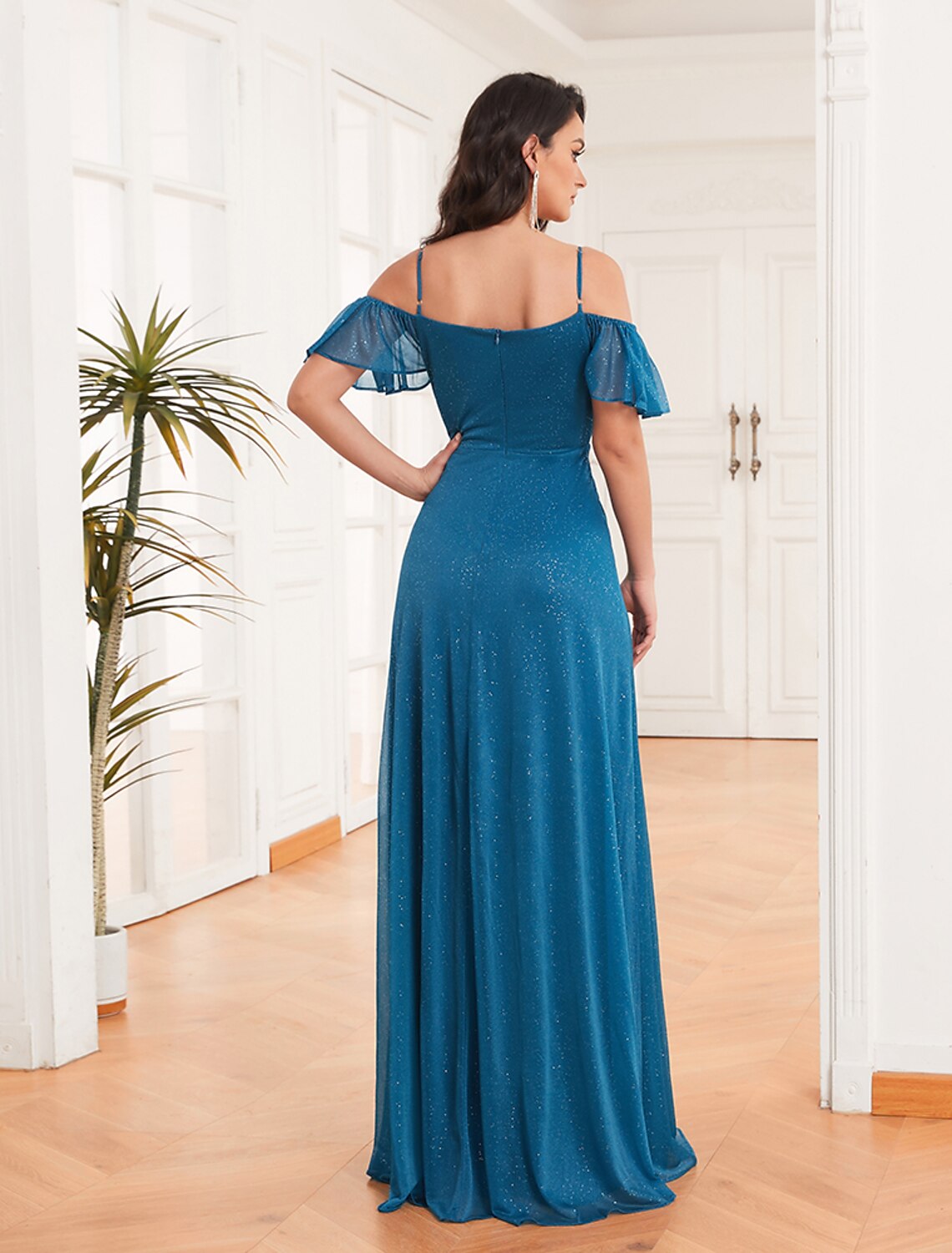 Off Shoulder A-Line Side Split Sparkle Bridesmaid Dress Adjustable Strap Ruffle Plus Size Evening Dress