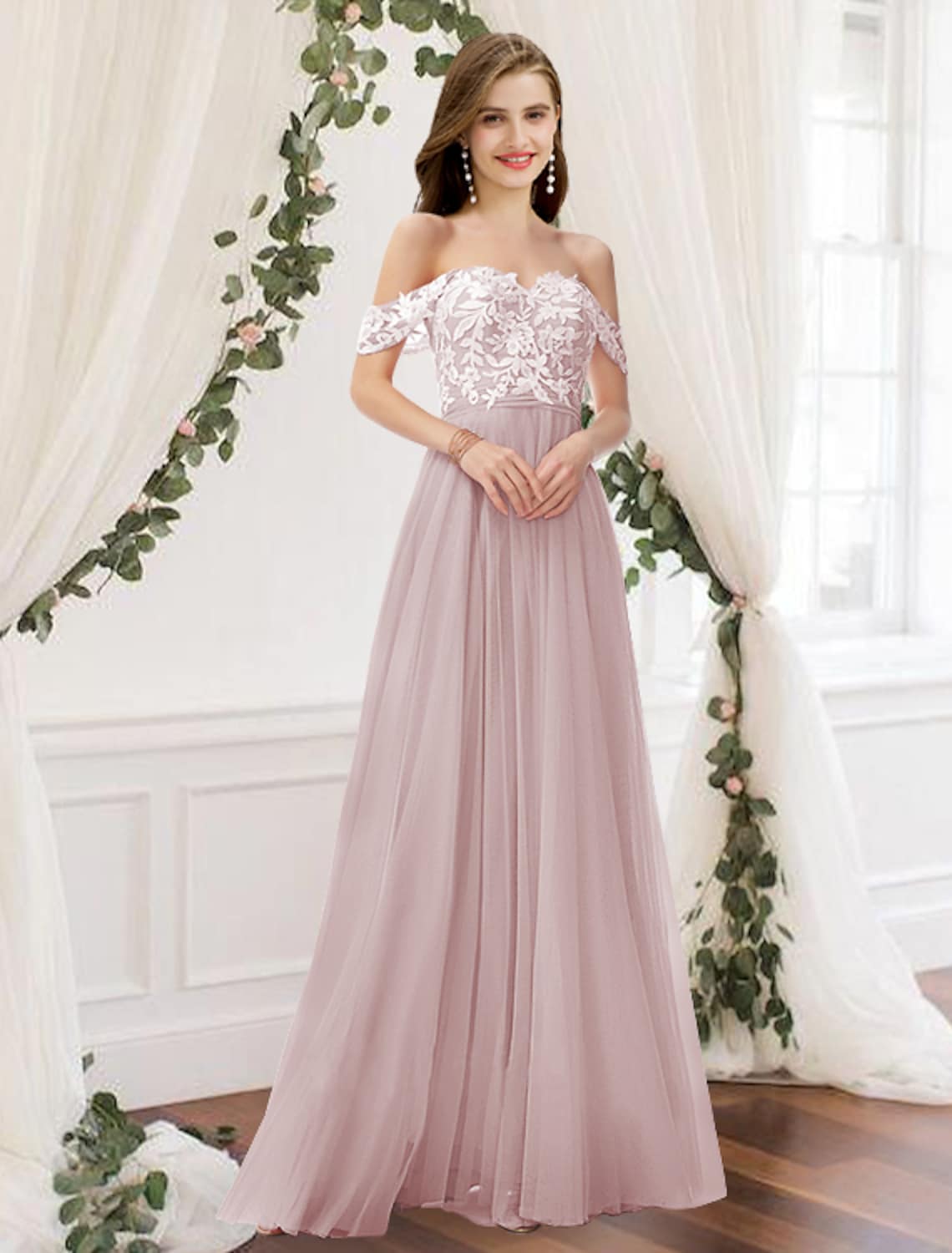 Bridesmaid Dress Off Shoulder Sleeveless Elegant Floor Length with Pleats Appliques