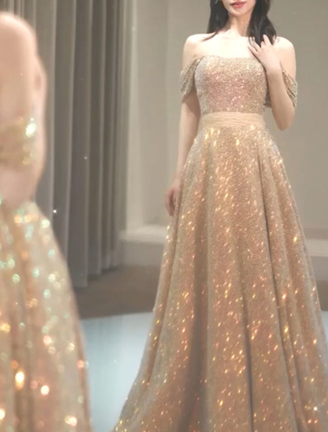Sparkle & Shine Dress Wedding Guest Prom Floor Length Short Sleeve Strapless