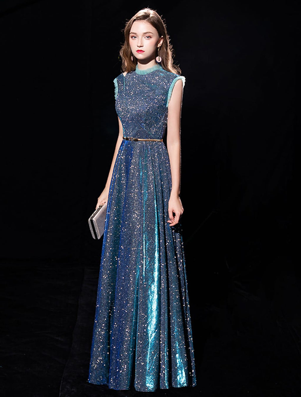 Shine Formal Evening Dress Sleeveless Floor Length with Sash Ribbon