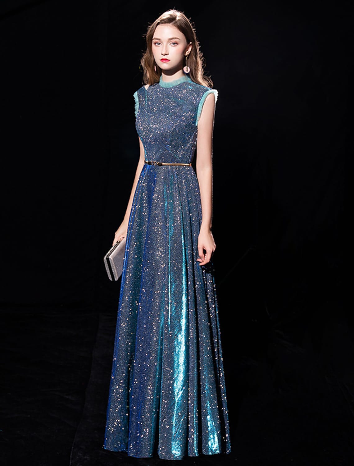 Shine Formal Evening Dress Sleeveless Floor Length with Sash Ribbon