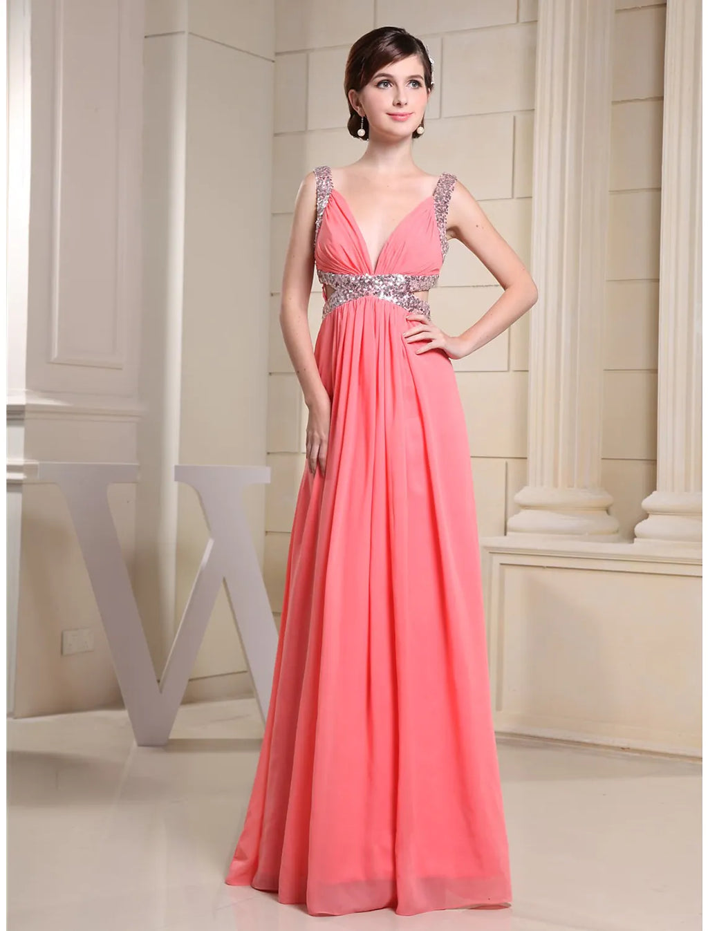 Evening Gown Sparkle Dress Engagement Floor Length Sleeveless V Neck with Pleats