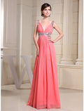Evening Gown Sparkle Dress Engagement Floor Length Sleeveless V Neck with Pleats