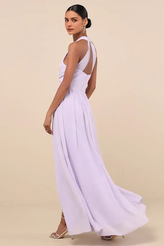 Lavender Sexy Halter Evening Dresses with Twisted Front Detail and High Side Slit Romantic Soir¨¦es and Formal Gala