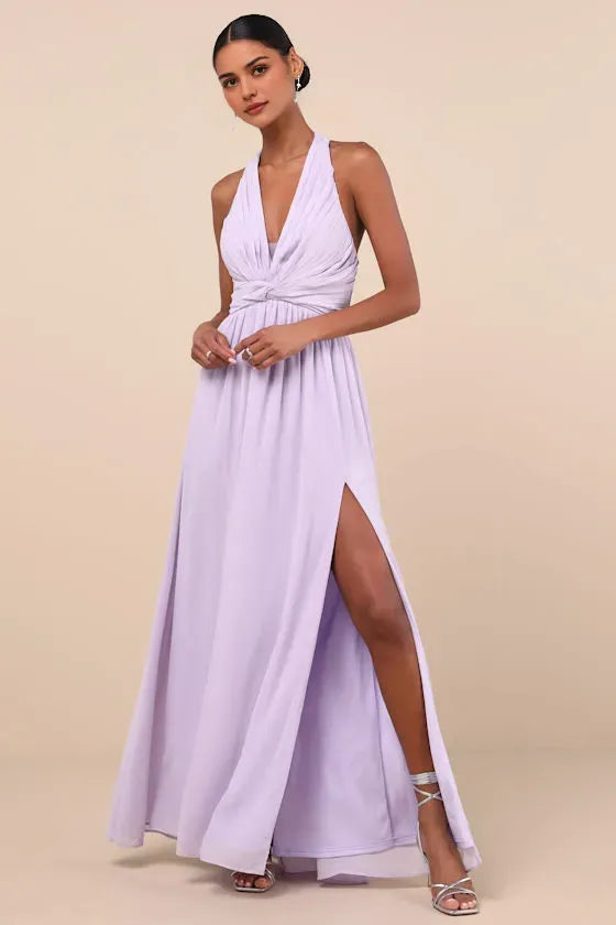Lavender Sexy Halter Evening Dresses with Twisted Front Detail and High Side Slit Romantic Soir¨¦es and Formal Gala