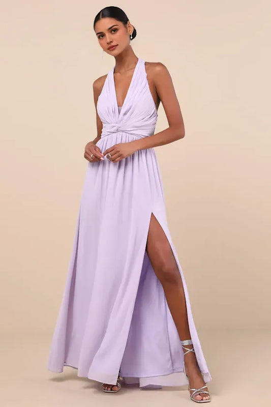 Romantic Slit A-Line Halter-Neck Classic-Sleeve Classic-Back Floor-Length Evening Dress