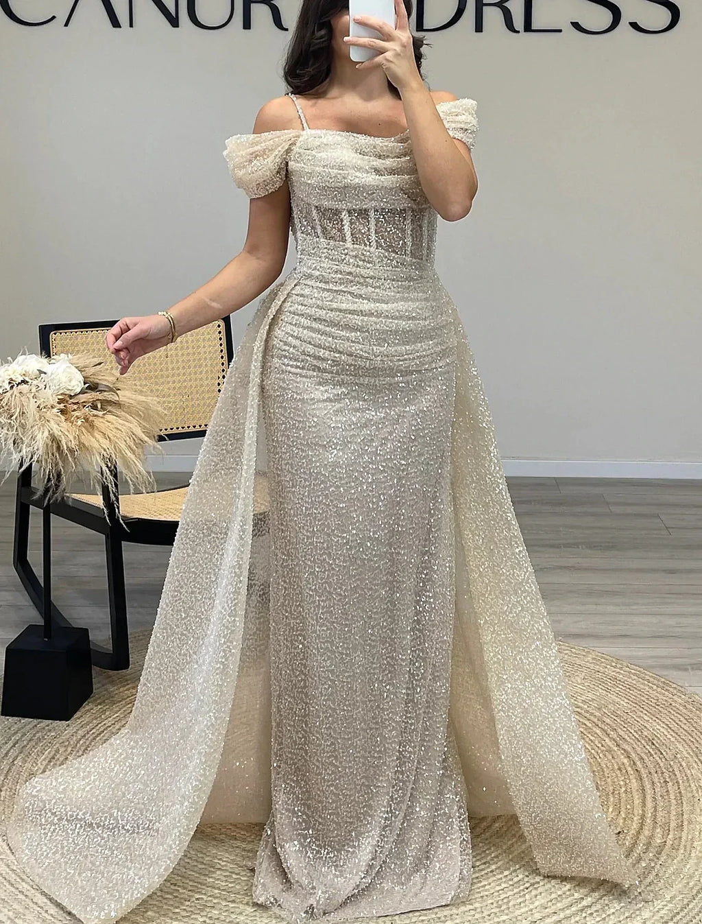 Sheath / Column Prom Dresses Elegant Dress Formal Prom Floor Length Short Sleeve Off Shoulder with Glitter Ruched