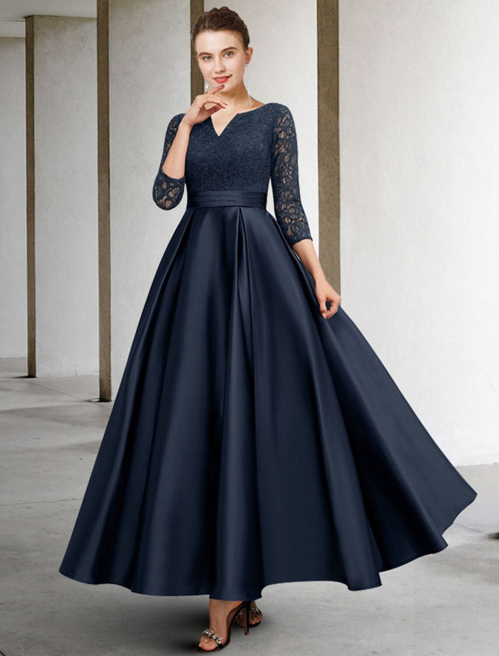 Mother of the Bride Dress Plus Size Elegant V Neck Ankle Length 3/4 Length Sleeve No with Pleats Ruched