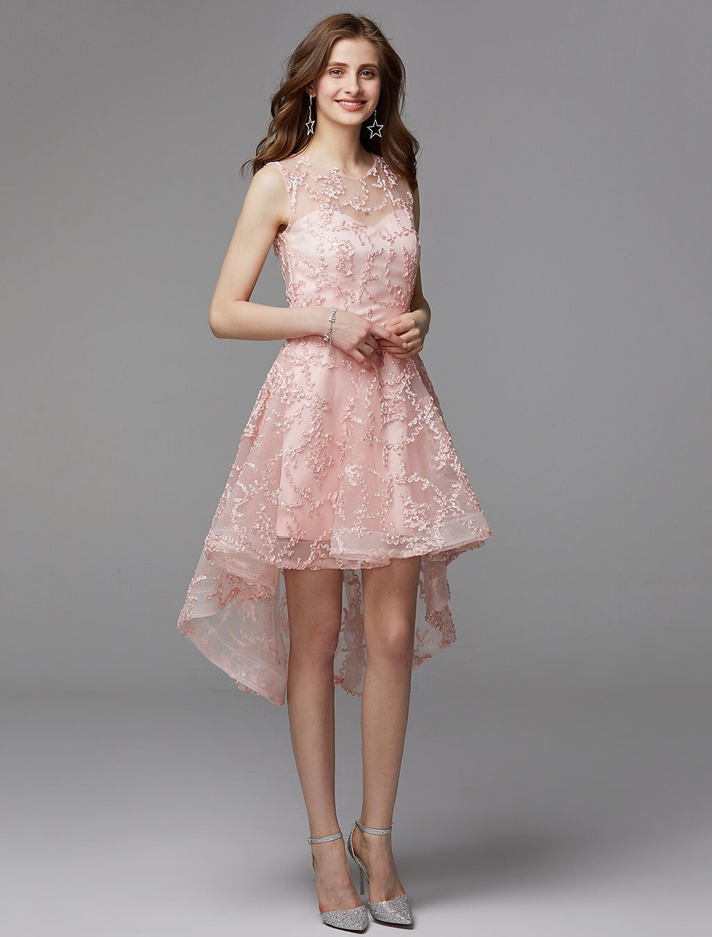 Hot Dress Wedding Guest Cocktail Party Asymmetrical Sleeveless Illusion Neck with Appliques